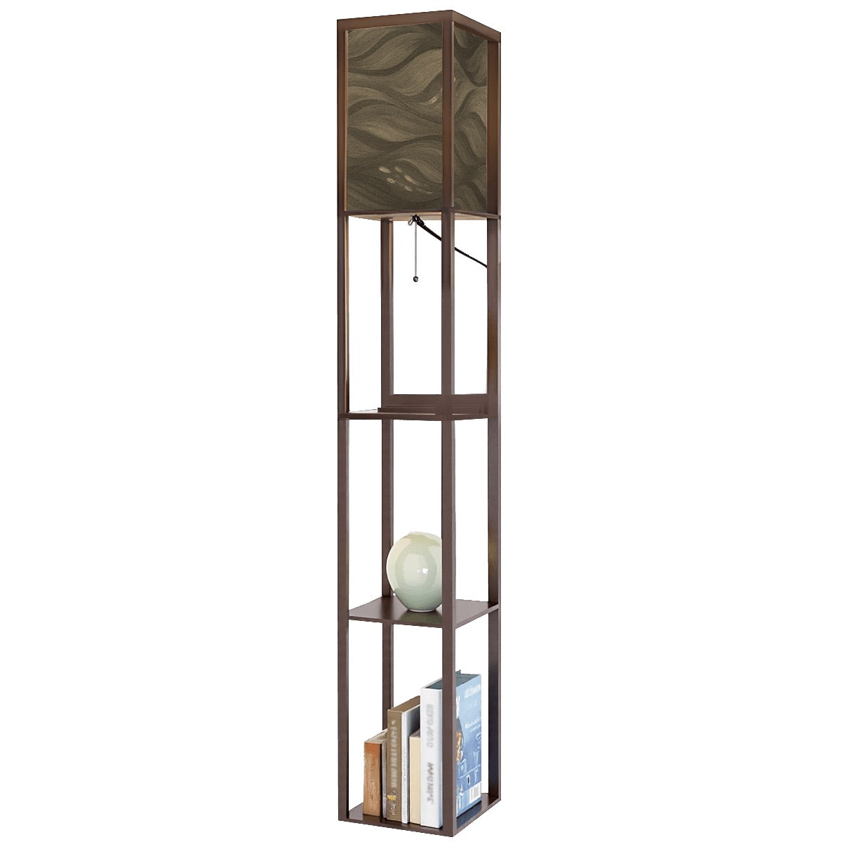 Walnut wood floor lamp with three open shelves for décor and books, crowned by a linen cube shade in warm sepia-toned wavy abstract pattern. A pull-chain switch and black cord extend from beneath the shade.