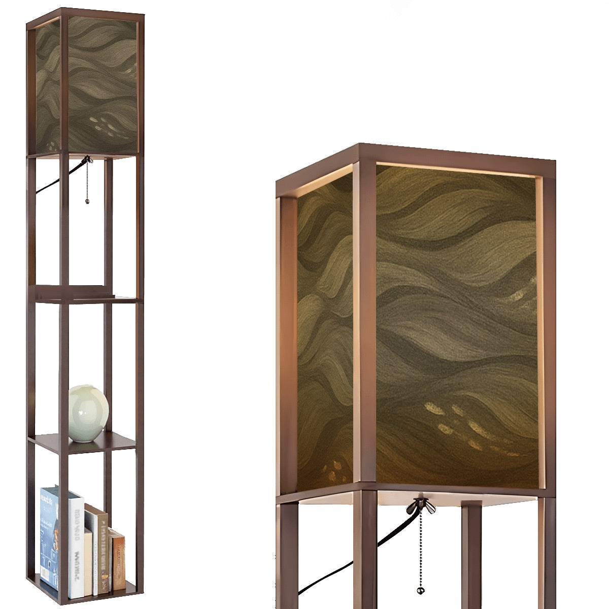 Walnut wood floor lamp with three open shelves for décor and books, crowned by a linen cube shade in warm sepia-toned wavy abstract pattern. A pull-chain switch and black cord extend from beneath the shade.