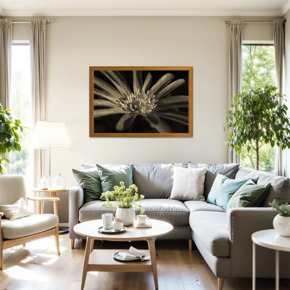 1000-piece wooden jigsaw puzzle with a sepia-toned close-up of a purple anemone, size 29.5" x 19.7"