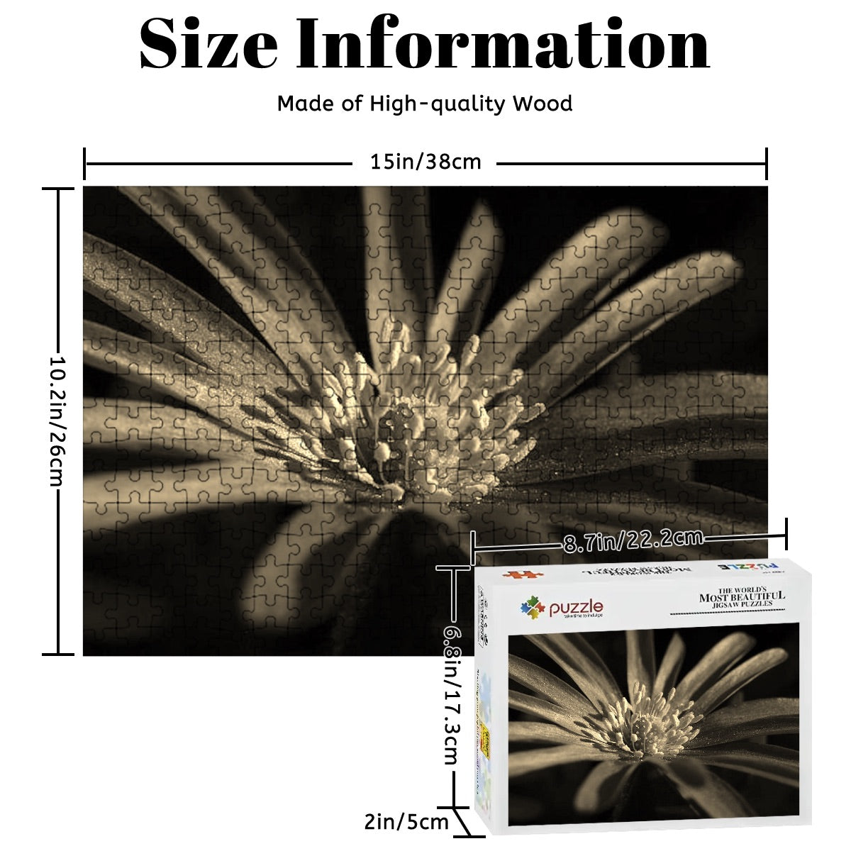 300-piece wooden jigsaw puzzle with a greyscale close-up of a purple anemone, size 15" x 10.2", weight 0.35 kg