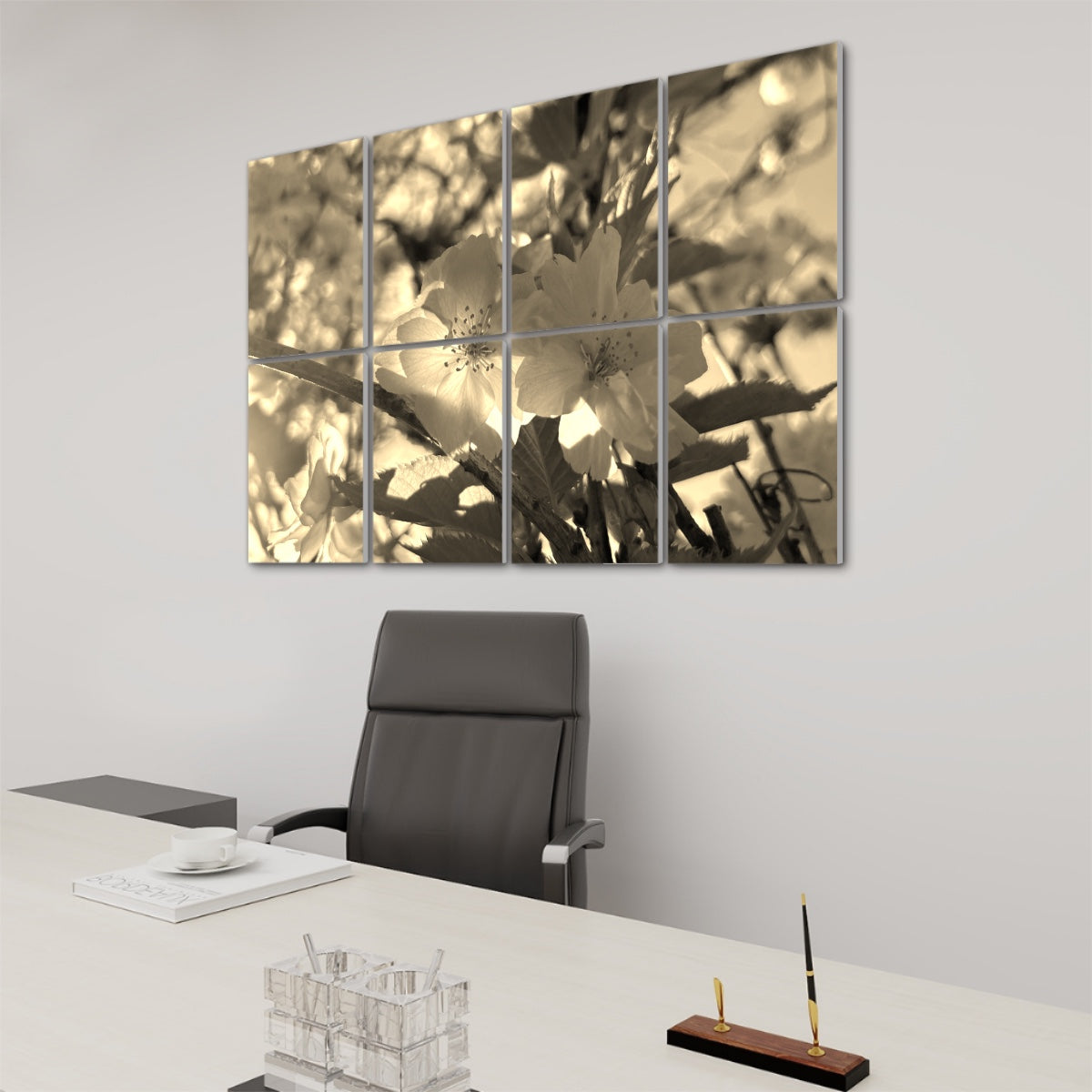 Sepia-toned floral acoustic panels featuring pale blossoms and soft light with warm vintage tones across 8 sound absorbing panels.