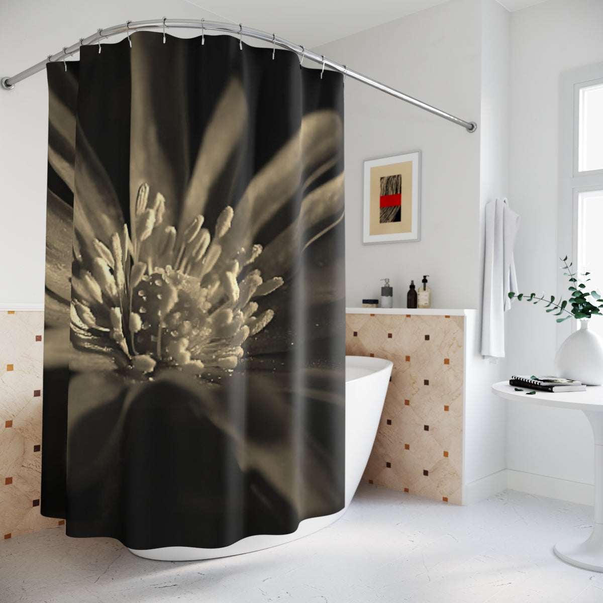 Sepia-toned floral shower curtain featuring a vintage-style purple anemone print with soft warm tones, 72x72 inches.