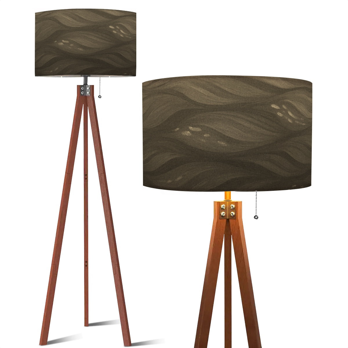 ripod floor lamp featuring a linen shade in warm brown and tan currents supported by a natural wood base.