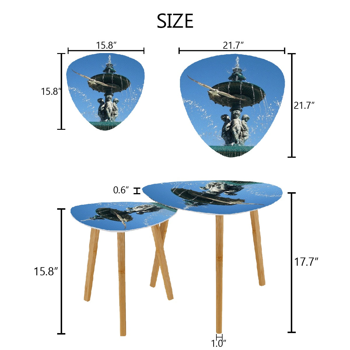 set of 2 triangular coffee tables featuring seagull in flight with Lisbon blue sky in the background