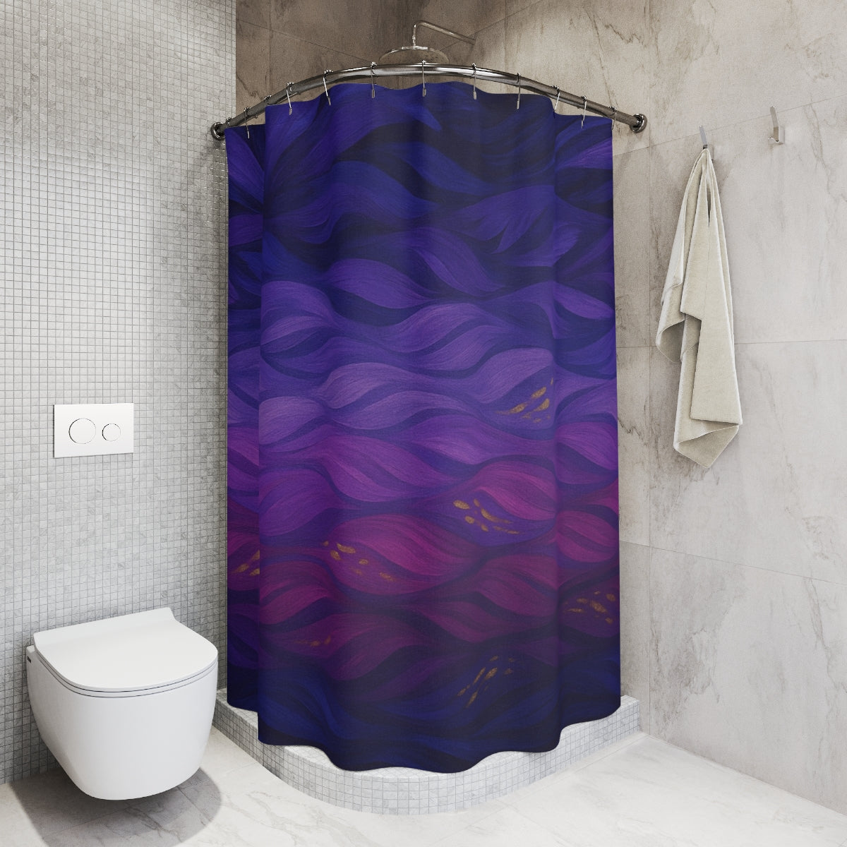 Full-color Gilded Amethyst curtain in a tiled bathroom showing undulating purple, violet, and magenta waves with gold flecks