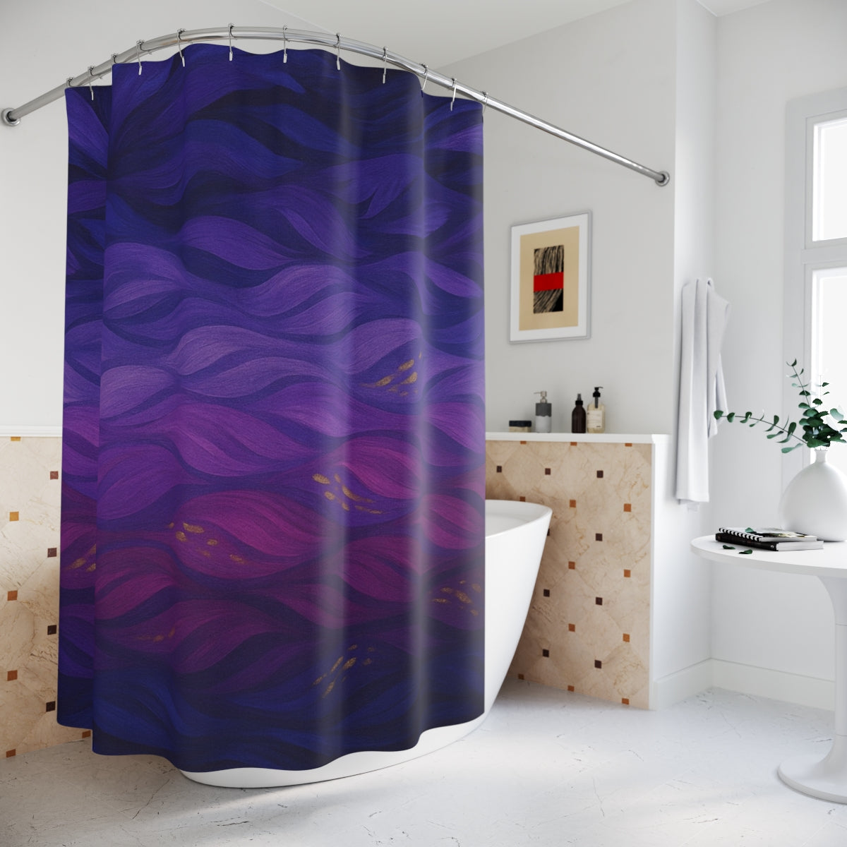 Gilded Amethyst curtain draped around a white freestanding bathtub, displaying ombré purple and magenta waves with gold flecks