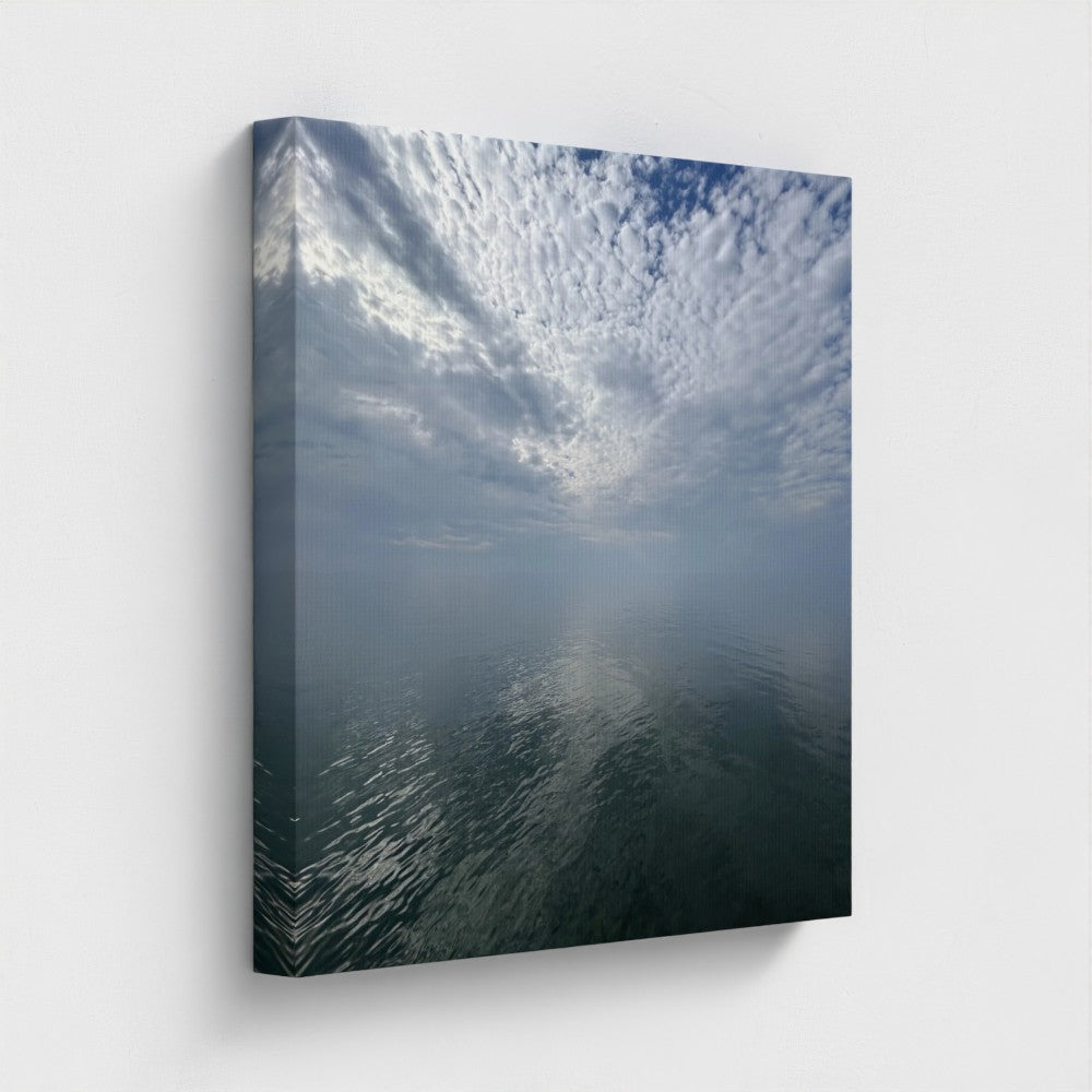 Side angle of square eco-friendly canvas showing Blackpool Horizon, rippling water, and dramatic layered cloud reflections