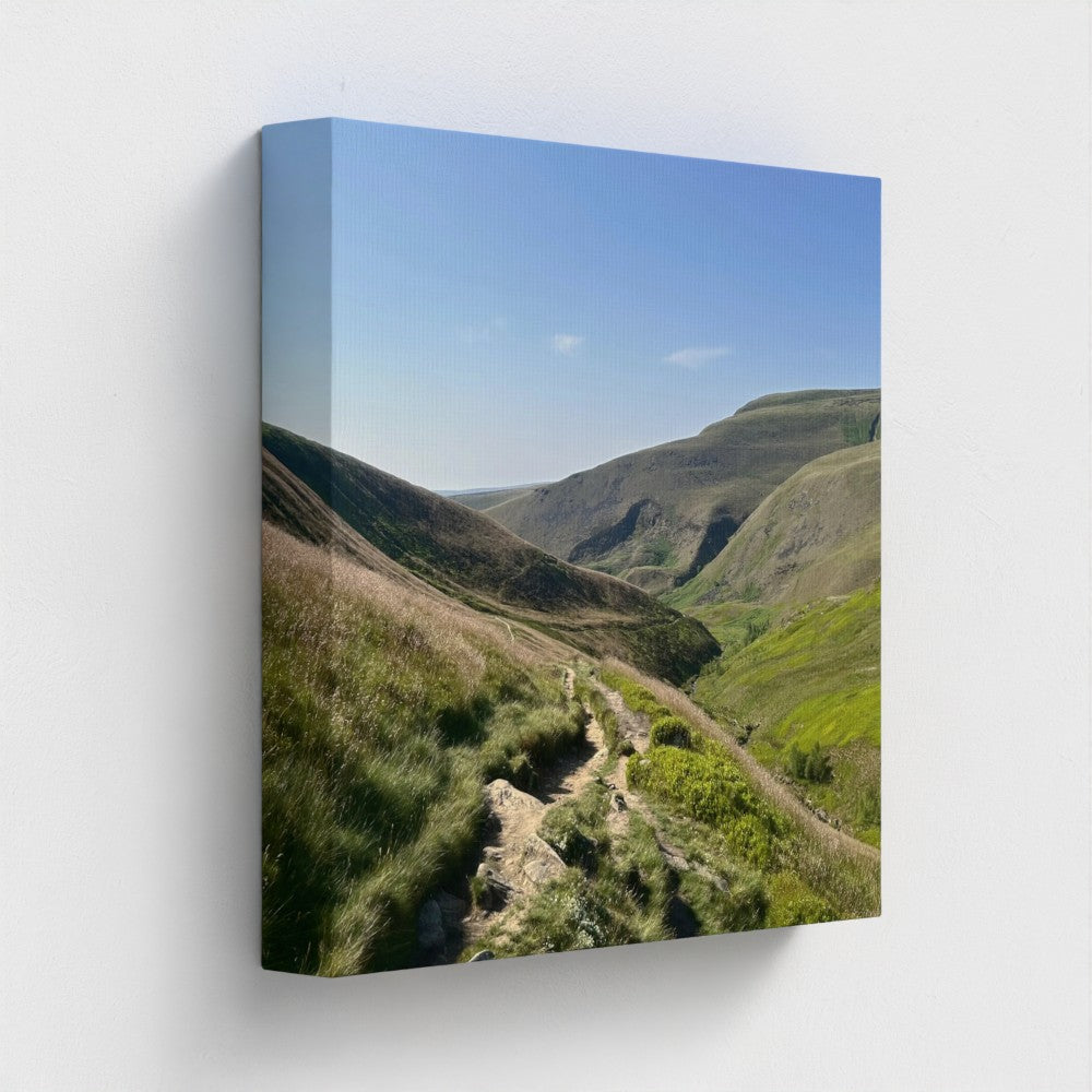 side view of recycled canvas made with vegan inks featuring landscape view of Peak District National Park, size: 12''x12''