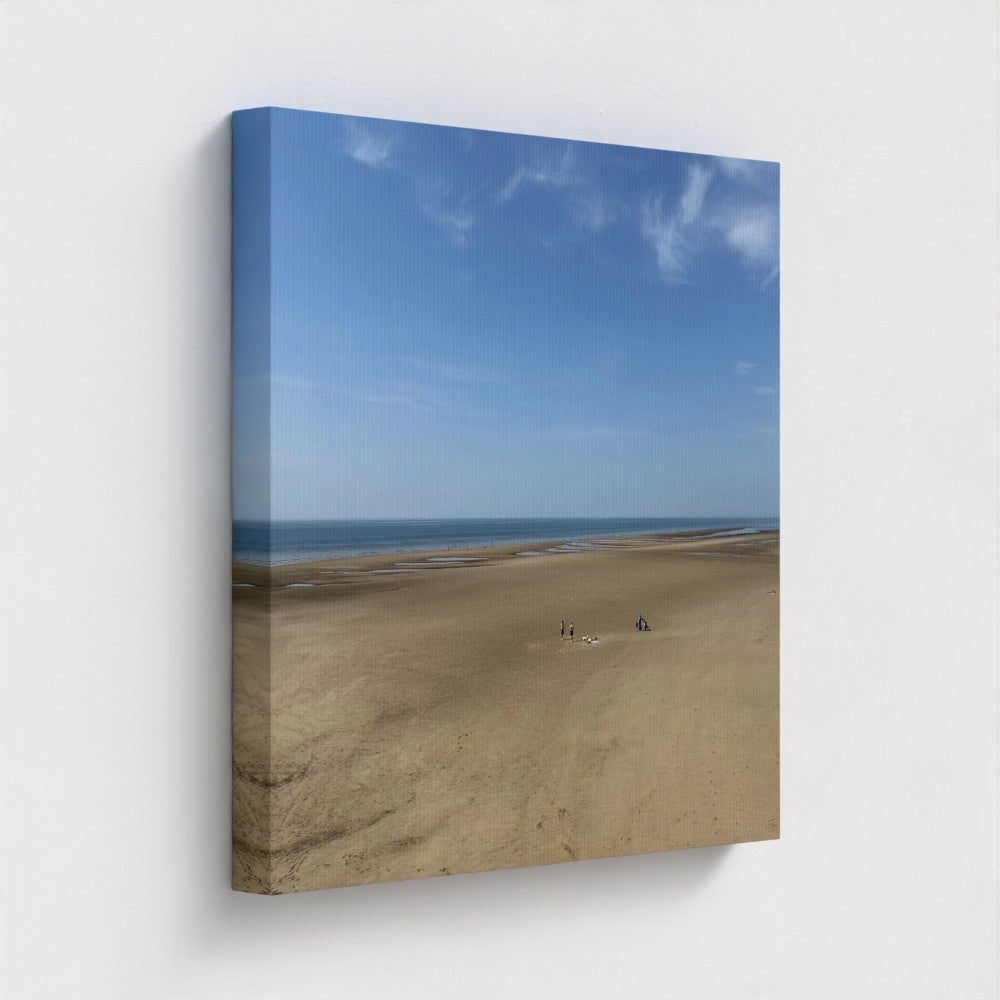 Square eco-friendly canvas print of Blackpool Beach with wide sand, small distant figures, blue sky, and calm sea horizon