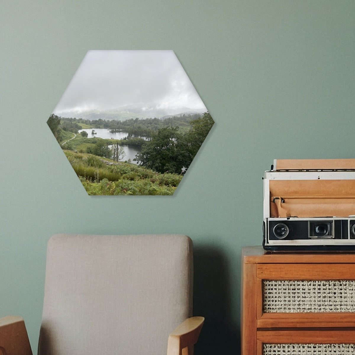 Single Hexagon Decorative Sound Absorbing Wall Panel featuring Tarn Hows Lake District Landscape. mounted above chair and radio