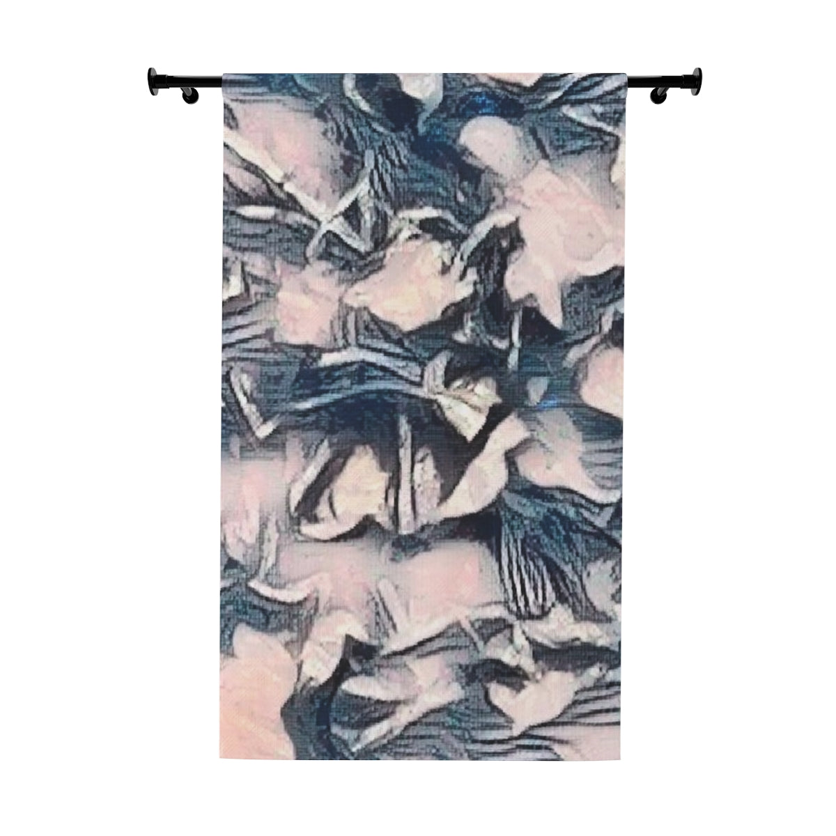 Blackout curtain featuring layered leaf-like forms in soft slate blue, blush pink, and charcoal tones with a gently marbled, abstract texture