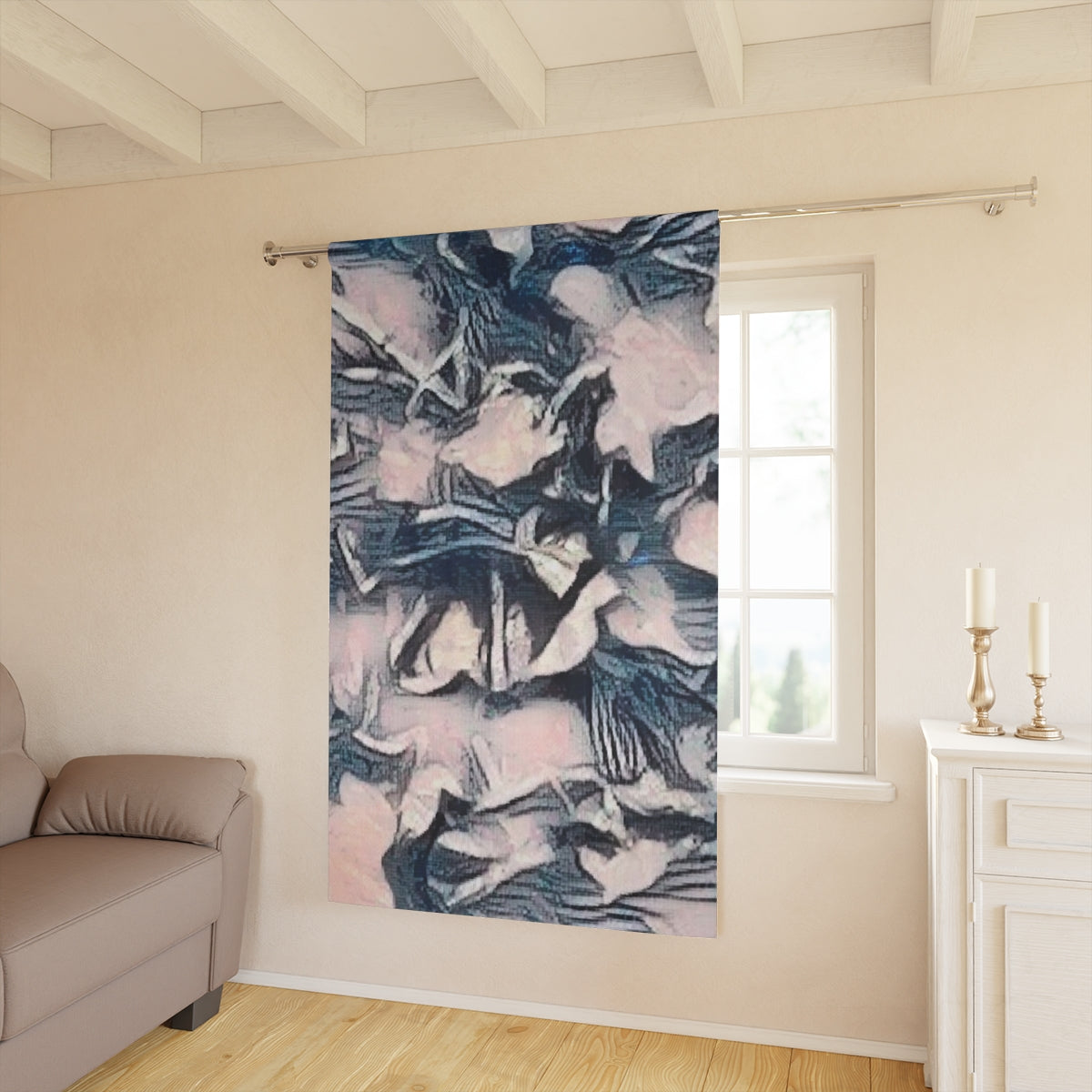 Slate Lace blackout curtain softly filtering daylight in a neutral-toned room, subtle rose and grey hues blending into the space with ease