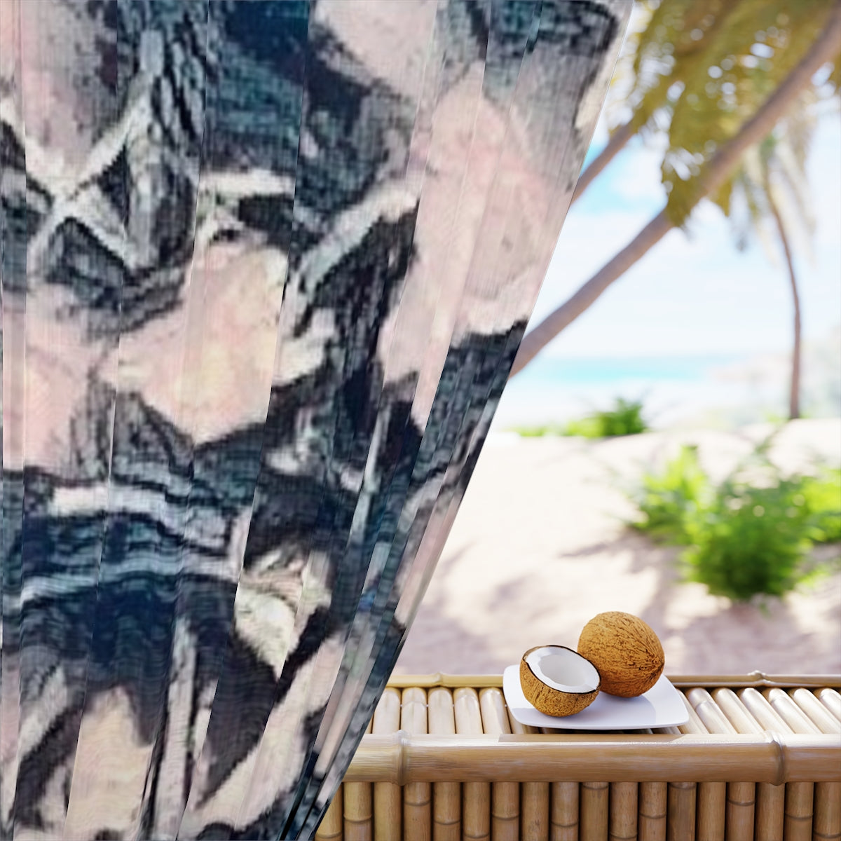 Close-up of blackout fabric showing diffused pink, slate, and black brushstrokes forming soft abstracted petals and foliage