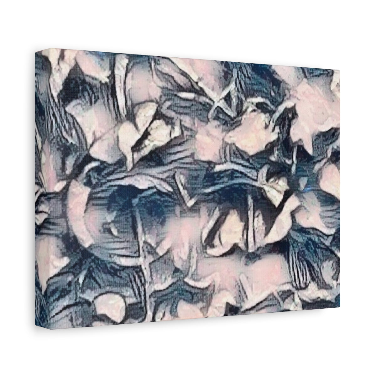 A blend of muted rose, lavender, and midnight blue in layered strokes, both quiet and expressive - angled view