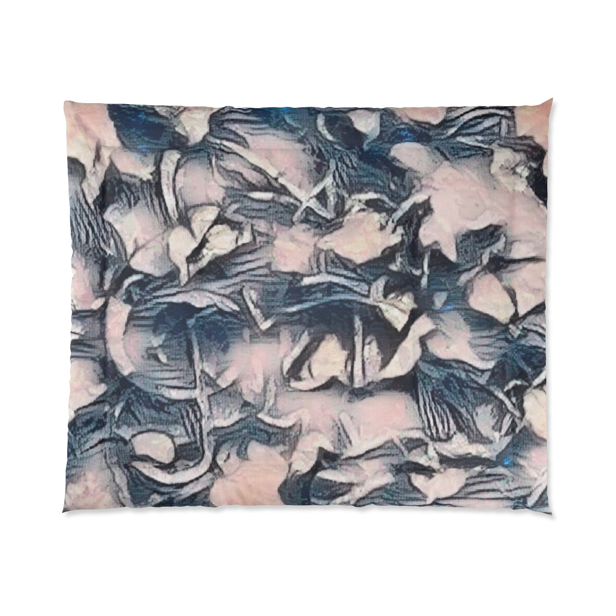 Comforter with complex painted forms in ochre, gray, and pale brown displayed on white background, size 104'' x 88''