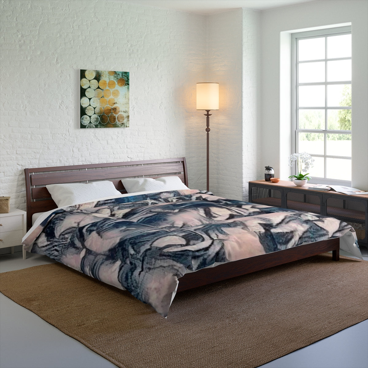 Comforter on a bed in a spacious room with warm tones and simple styling, size 104'' x 88''
