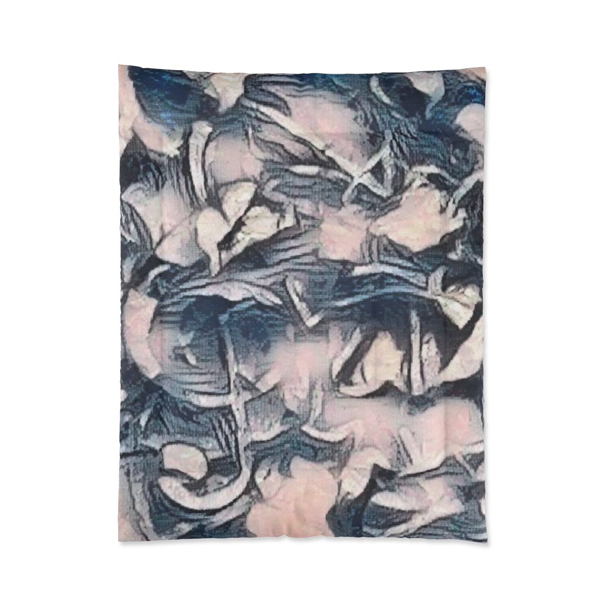 Comforter with layered brushstrokes in black, and taupe displayed on white background, size 68'' x 88''