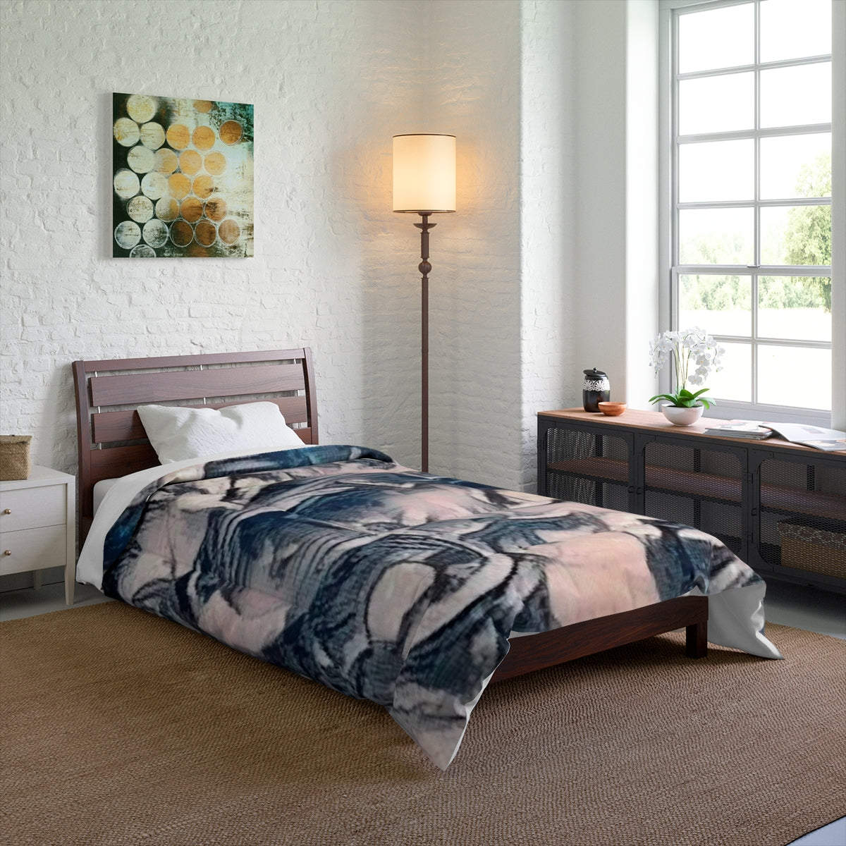 Comforter on a single bed in a bright room with neutral walls and wood flooring, size 68'' x 88''
