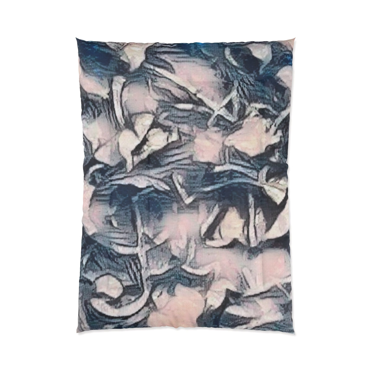 Comforter in abstract tones of beige, ochre, and gray displayed on white background, size 68'' x 92''