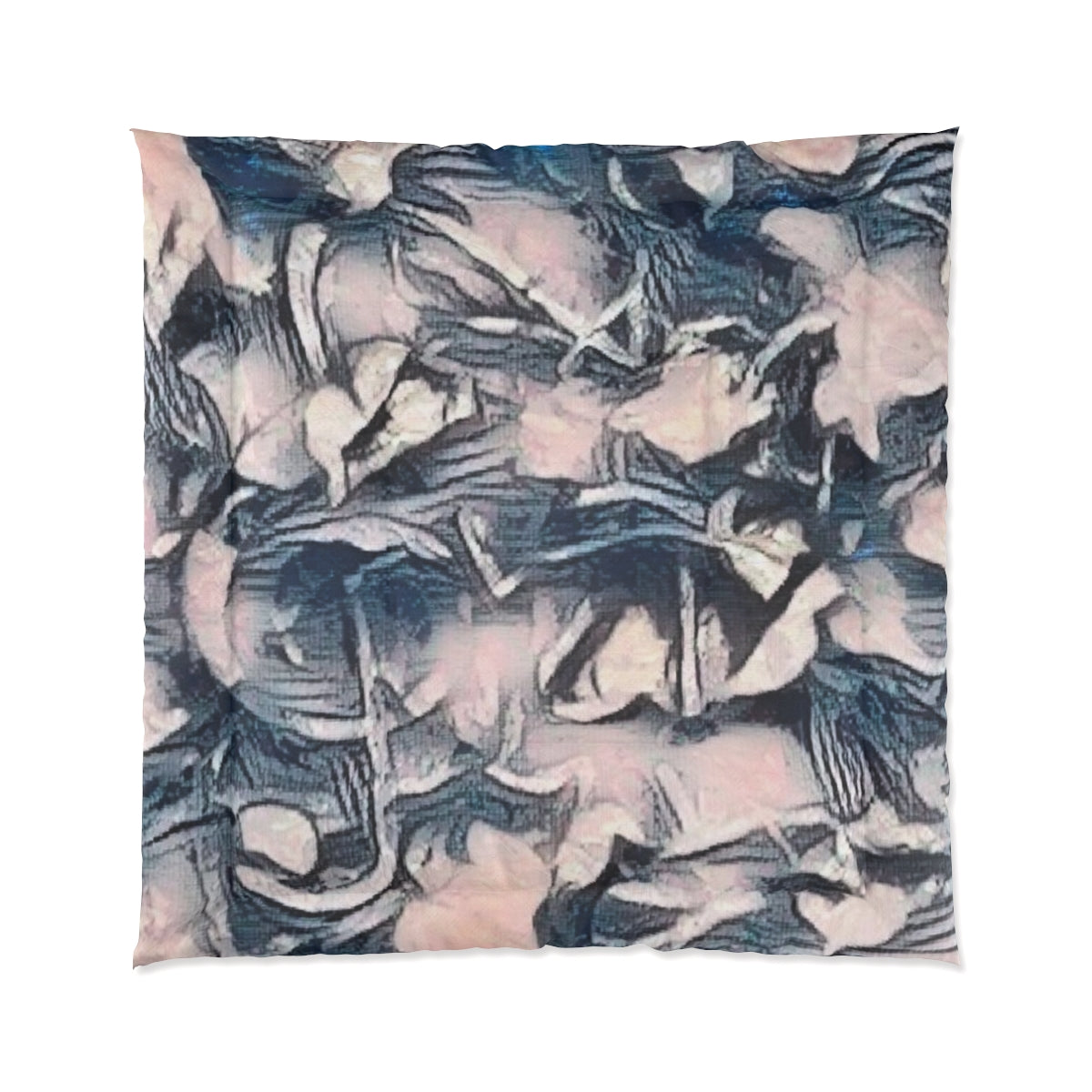 Square comforter in fine abstract layering of warm neutrals and dark strokes displayed on white background, size 88'' x 88''