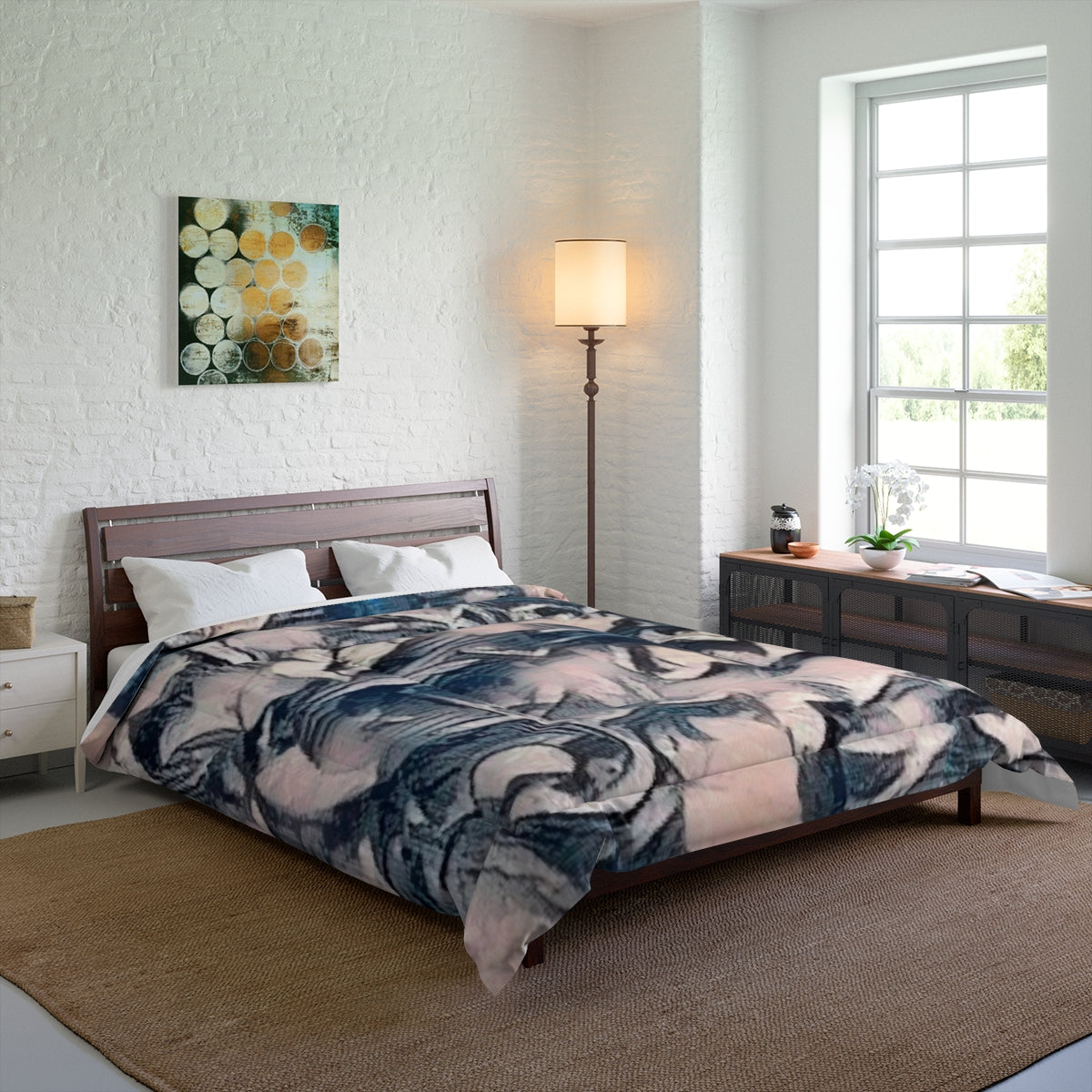Comforter on a bed in a softly lit room with light decor and clean lines, size 88'' x 88''