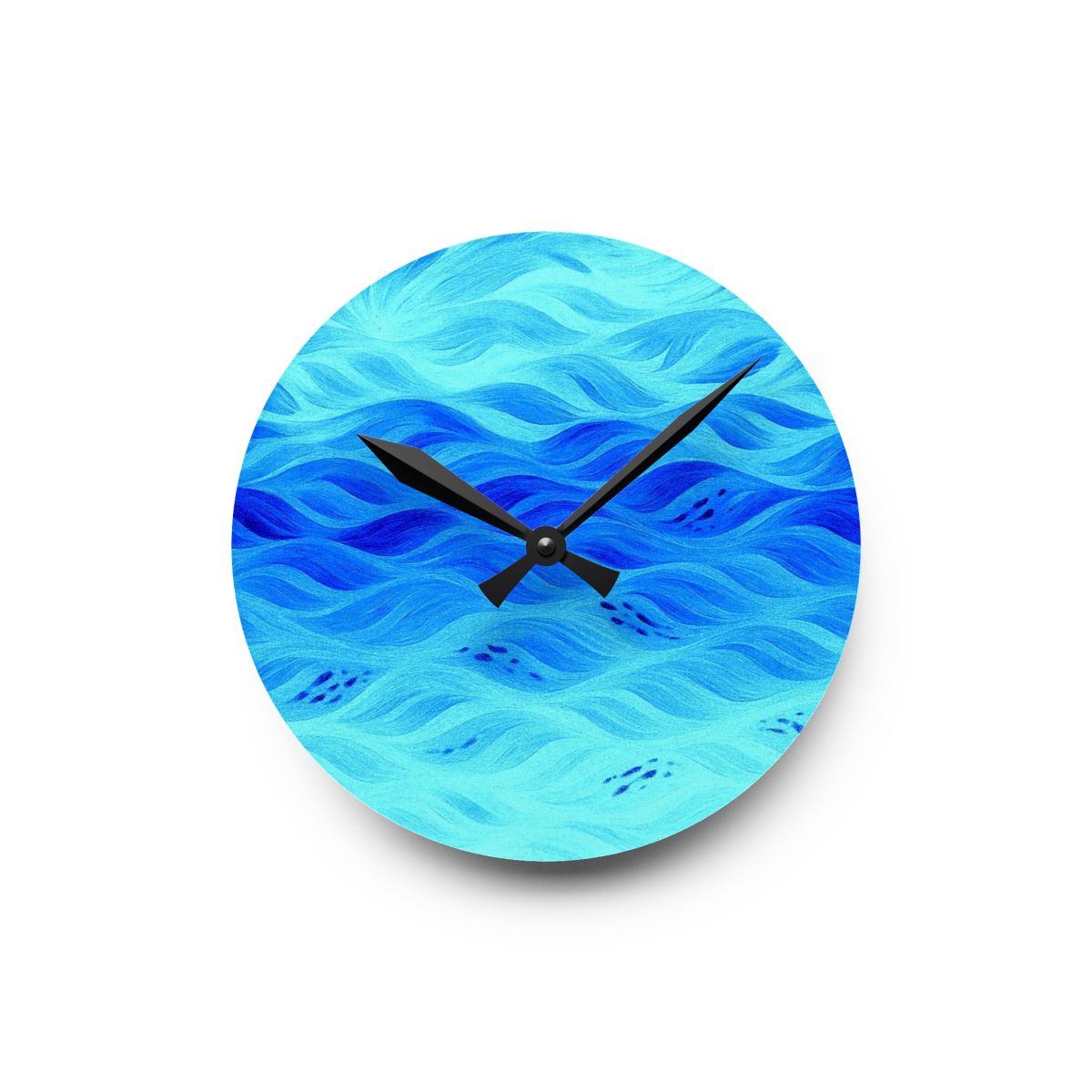 Small round acrylic wall clock (8" × 8") in layered blue tones, mimicking soft ocean currents
