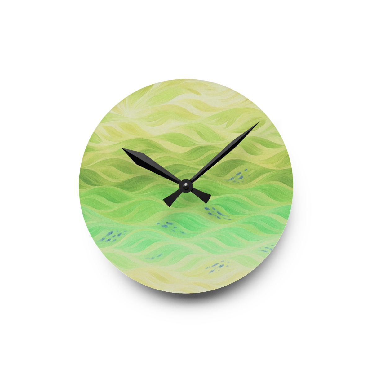 Small round acrylic wall clock (8" × 8") with pale green and blue pattern, airy and light feel