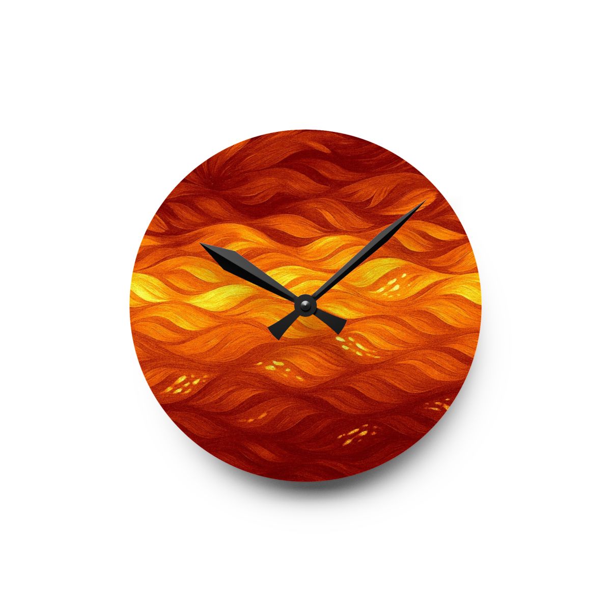 Small round acrylic wall clock (8" × 8") featuring flowing red and orange wave design with black clock hands