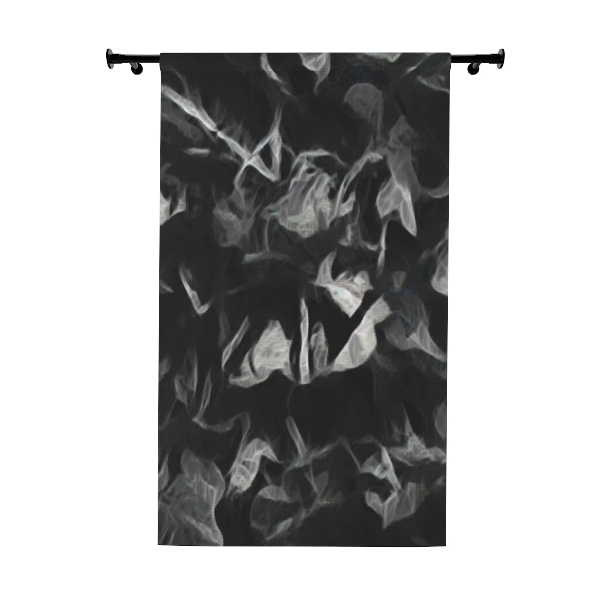 Blackout curtain featuring swirling white and grey leaf-like forms drifting across a deep black background in a smoke-inspired abstract design