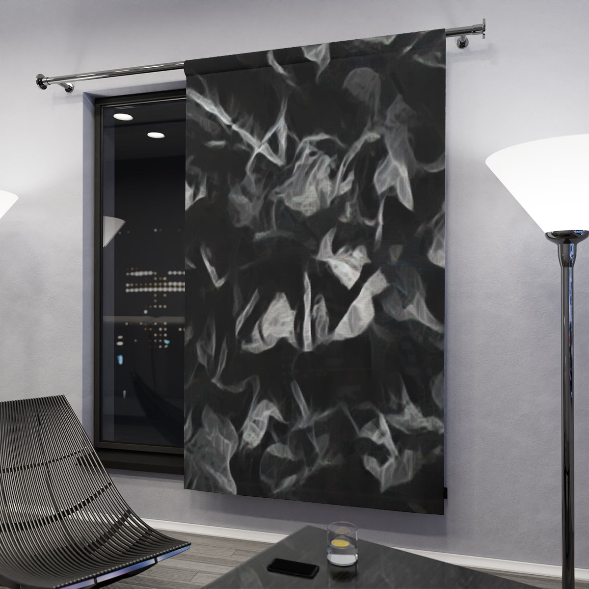 Moody black and grey curtain variant with vaporous leaf silhouettes illuminated subtly by ambient light in a dark modern interior