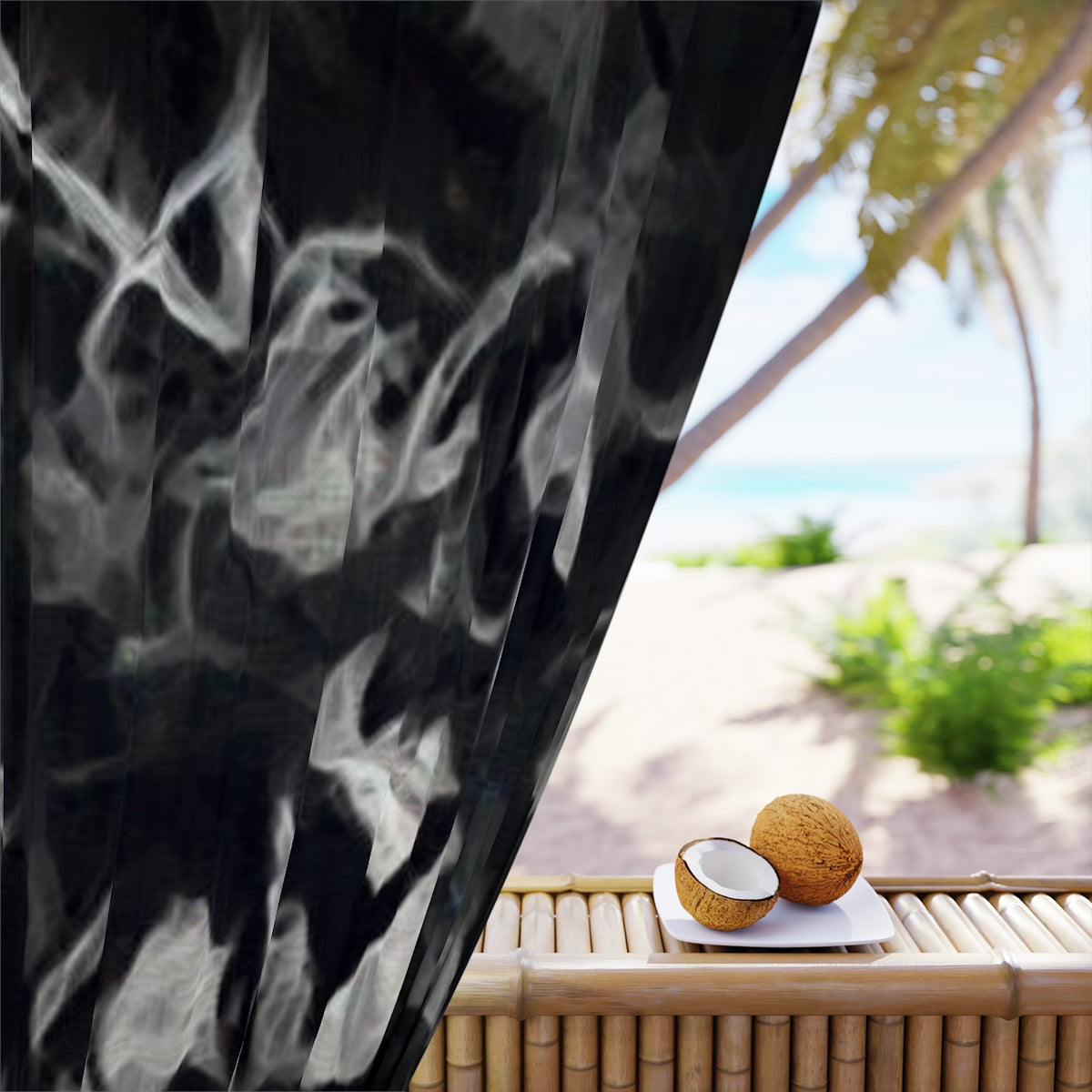 Close-up of blackout fabric showing soft white smoke-like outlines of abstract leaves emerging from a pitch-black background