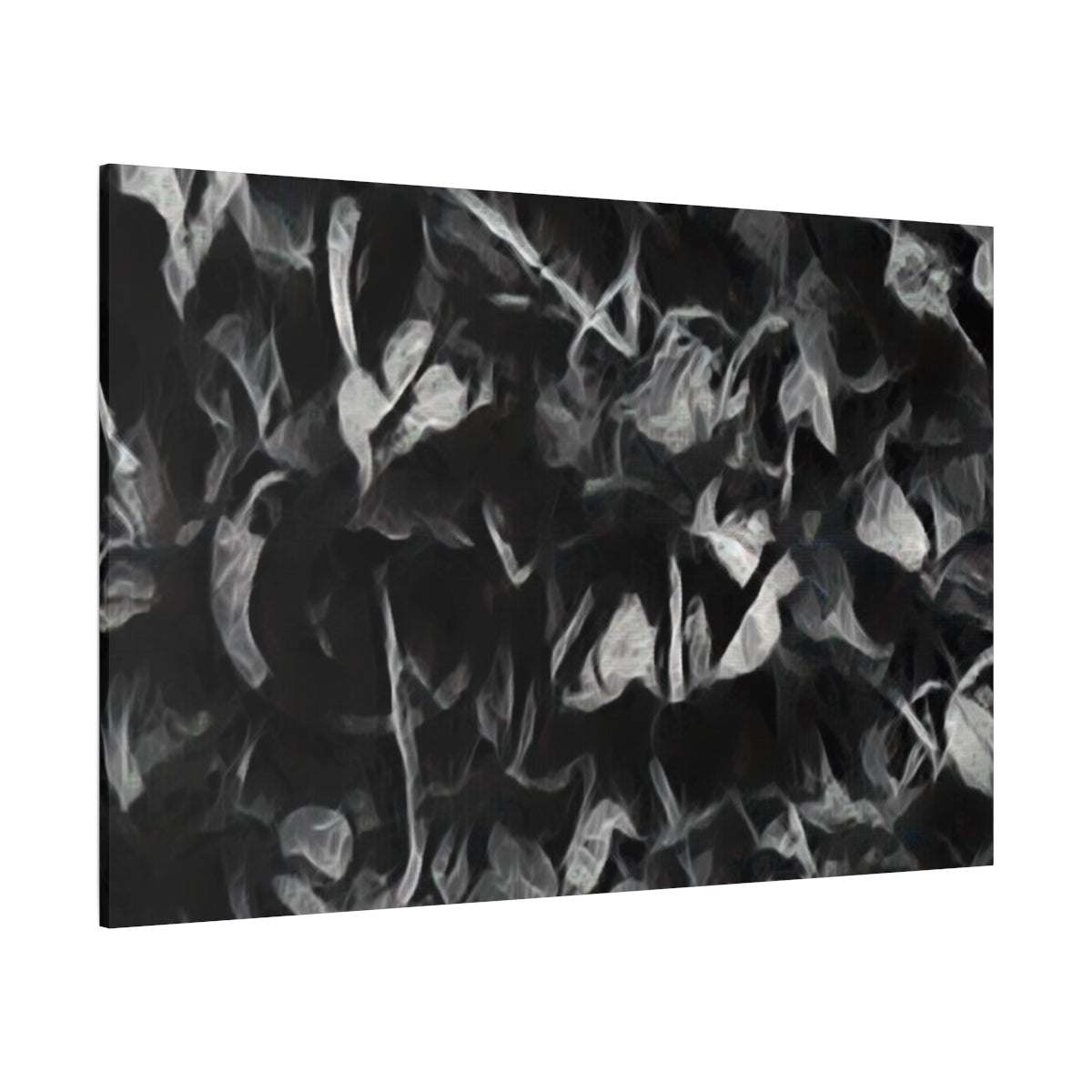 Pale, smoky leaf textures emerge from dark charcoal shapes in this soft-focus, greyscale abstraction - angled view