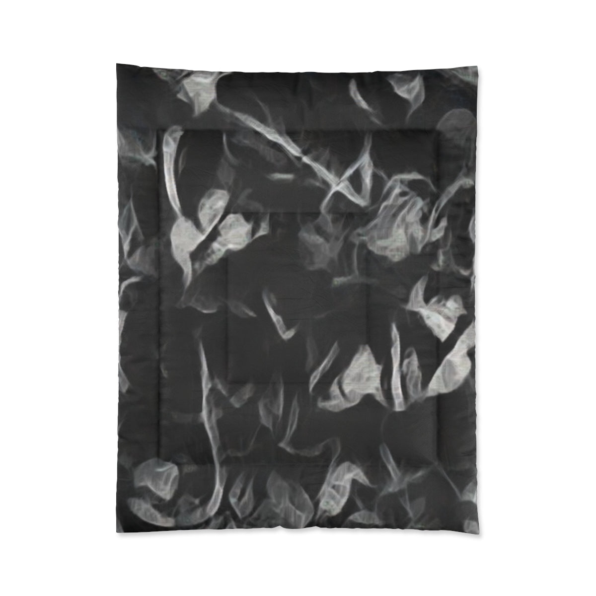 Comforter with soft abstract swirls in gray, white, and pale beige displayed on white background, size 68'' x 88''