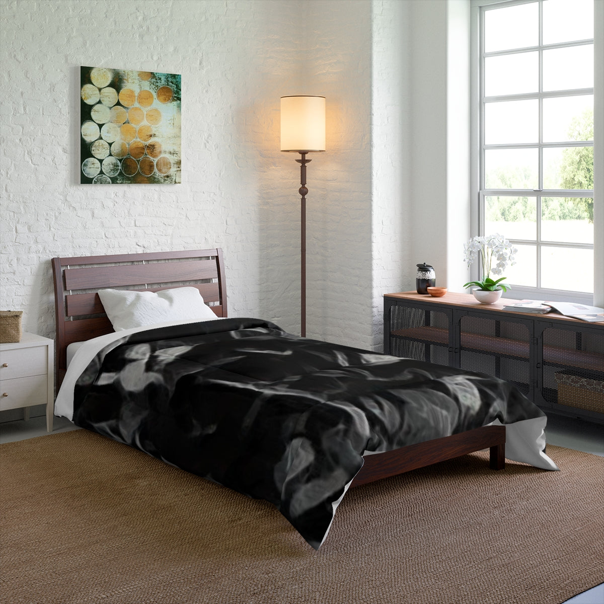 Comforter on a single bed in a bright room, size 68'' x 88''