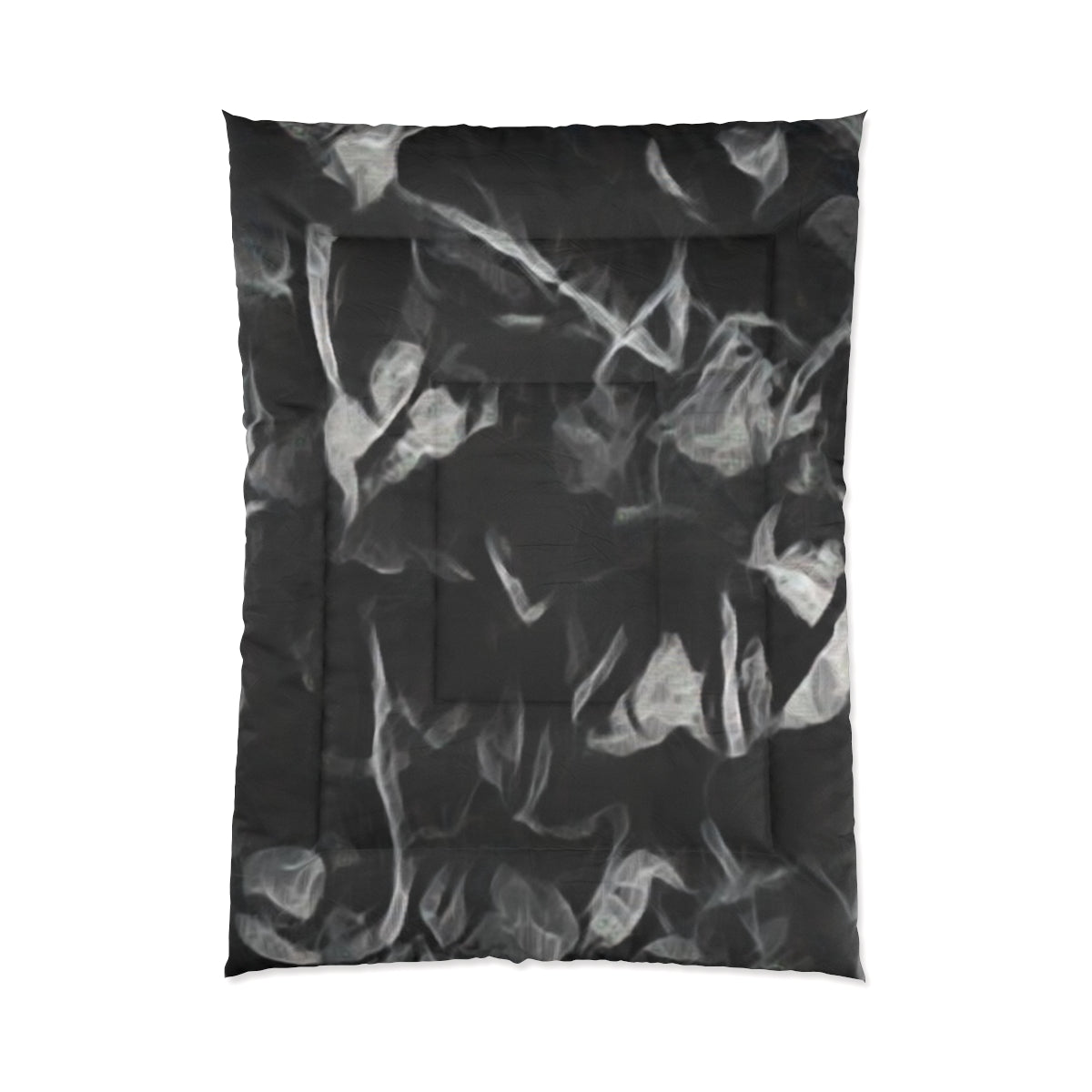 Comforter with muted smoky tones and layered brush textures displayed on white background, size 68'' x 92''