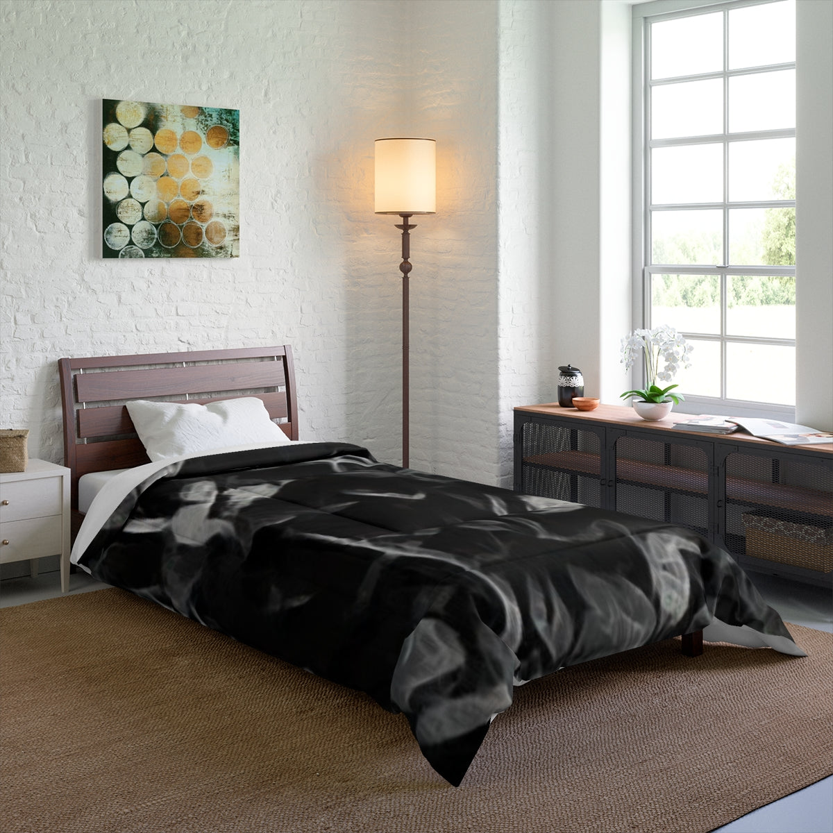 Comforter on a single bed in a softly lit bedroom, size 68'' x 92''