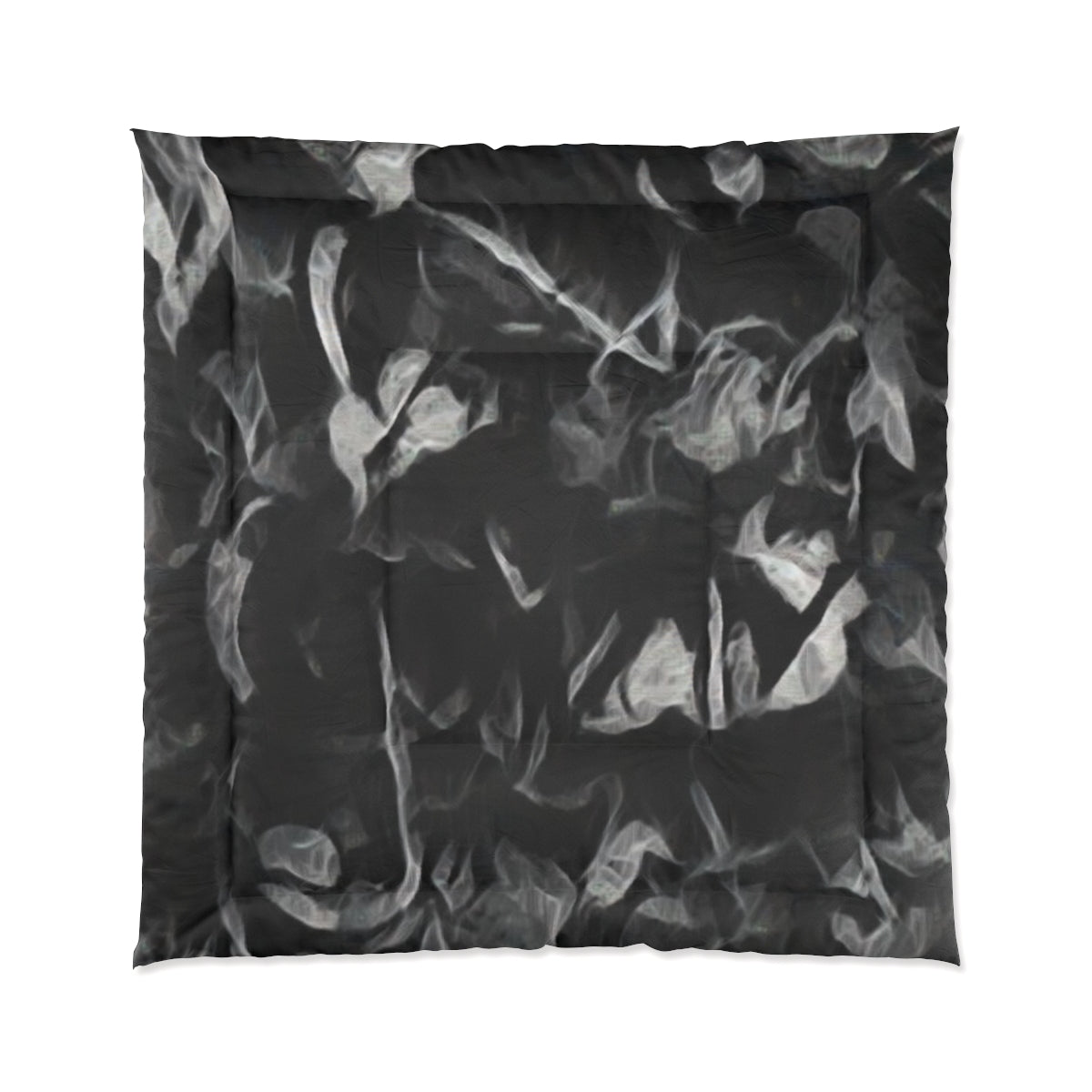 Square comforter in tones of white, fog gray, and soft charcoal displayed on white background, size 88'' x 88''