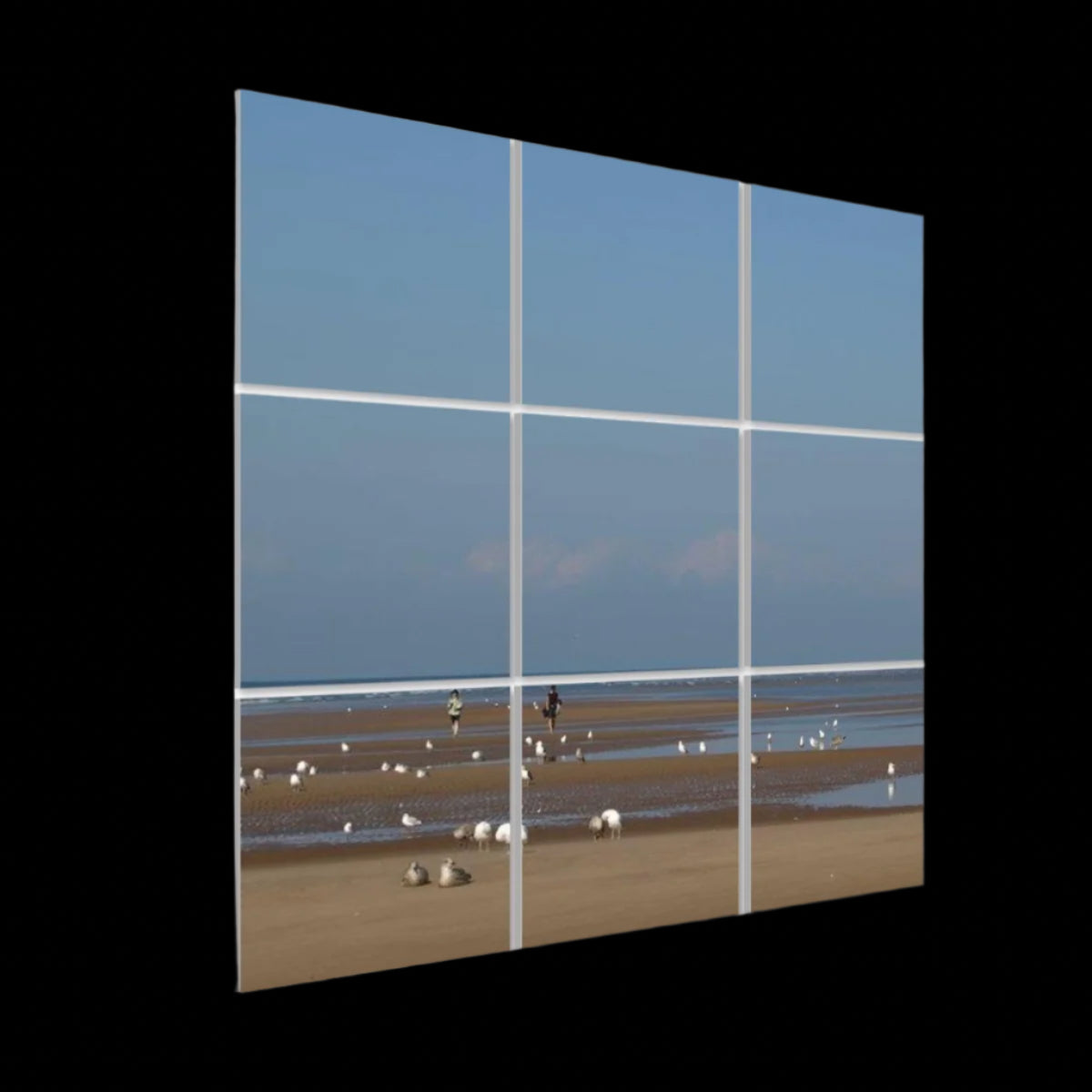 Left-angle view of Seaside Gulls 9-panel wall art showing beach details, seagulls, and coastal horizon with visible panel depth and texture.
