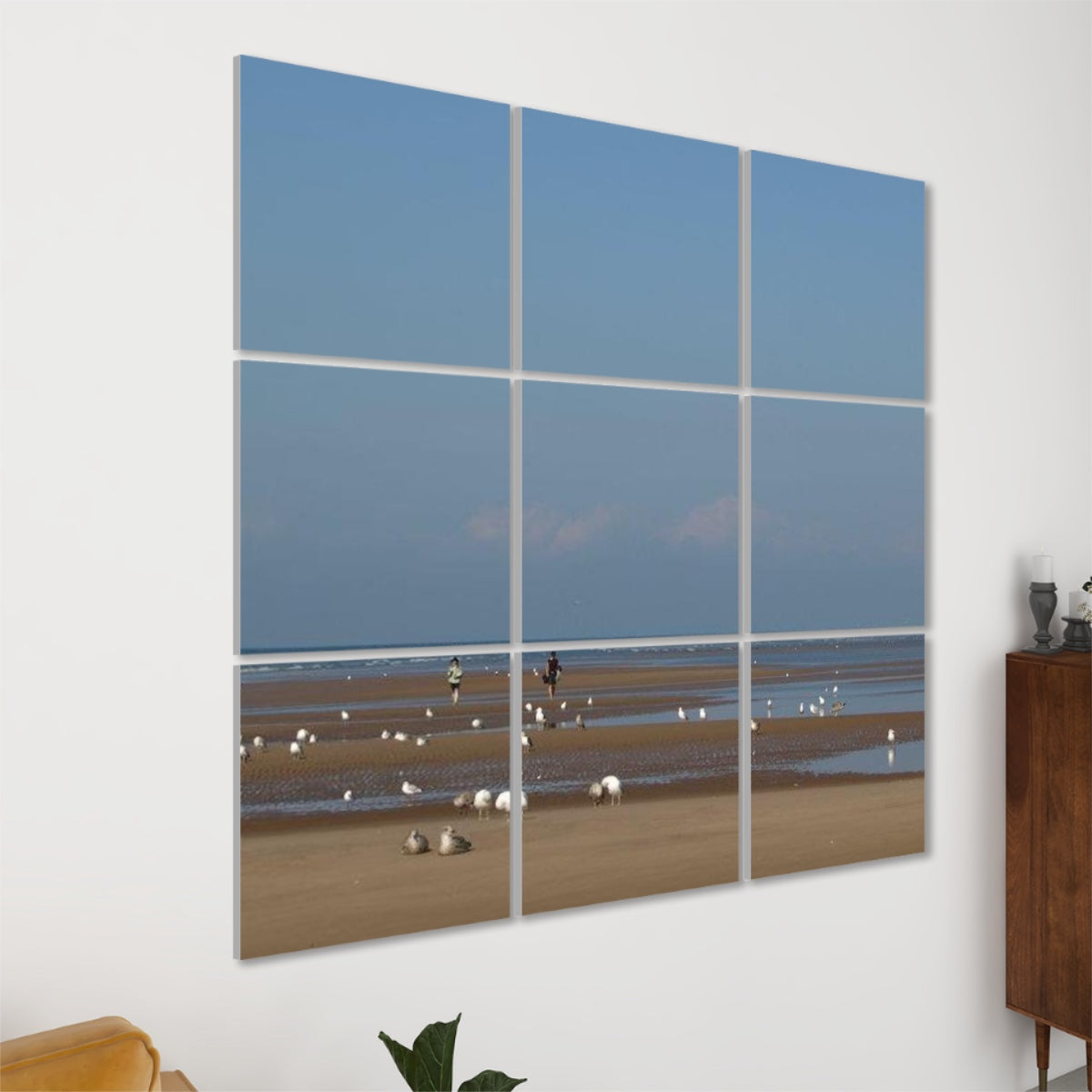 Left-angle view of Seaside Gulls 9-panel wall art showing beach details, seagulls, and coastal horizon with visible panel depth and texture.
