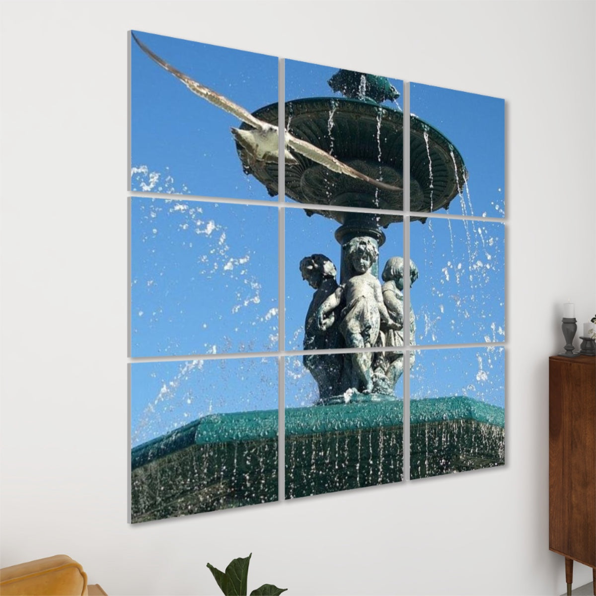 Left‑side angled view of the full‑color seagull‑over‑Lisbon 9‑panel sound‑absorbing wall art, highlighting panel depth and vivid tones