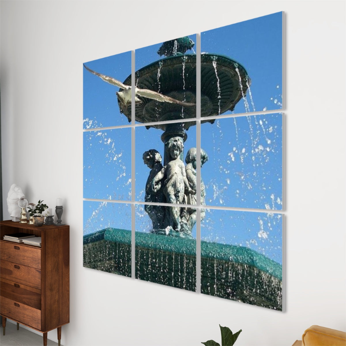 Right‑side perspective of the 3 × 3 full‑color Lisbon seagull acoustic panels, showing seamless alignment and rich coastal hues.