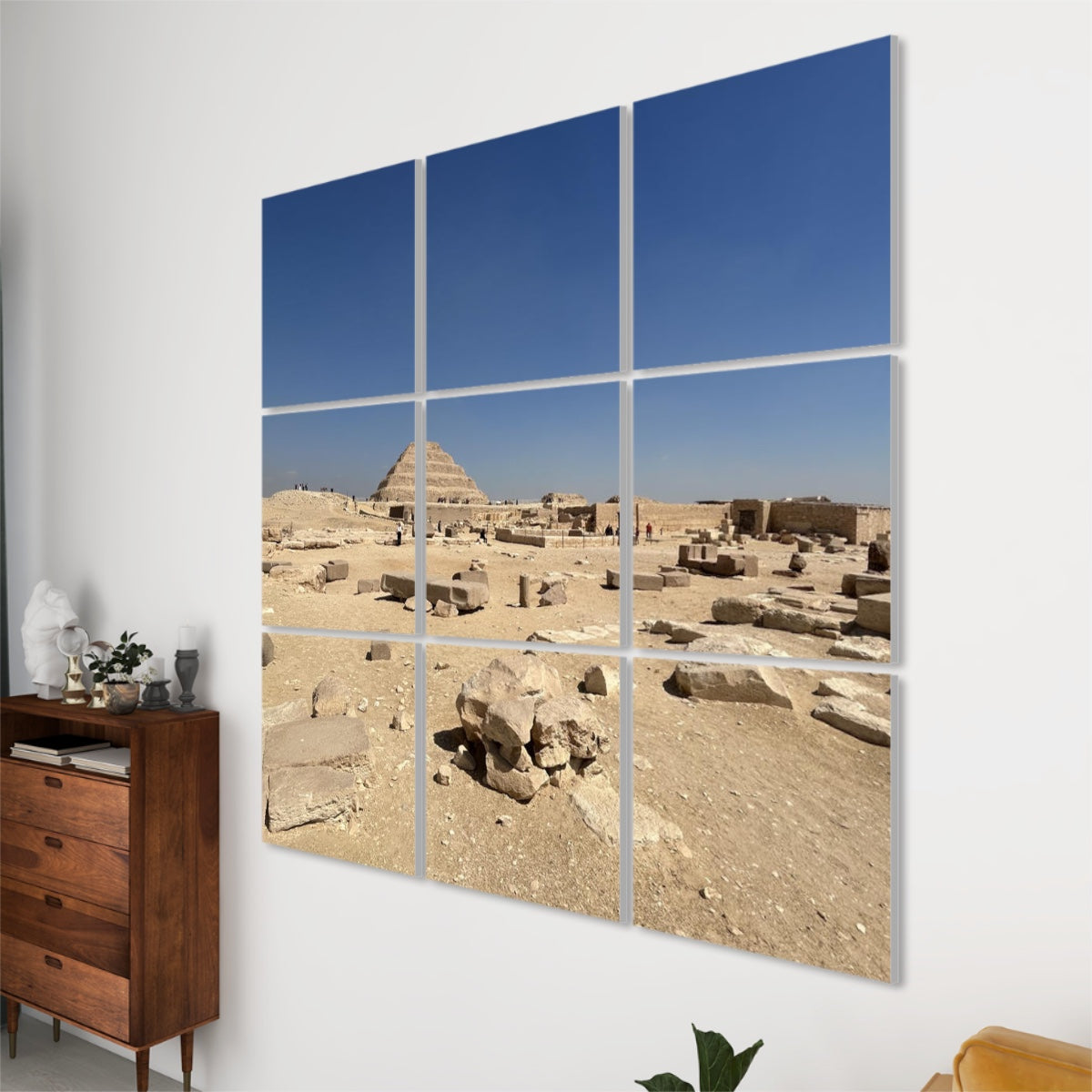Right-angle view of 9-panel Step Pyramid wall art, highlighting panel depth, textures, and the layered design of Egypt’s oldest pyramid.