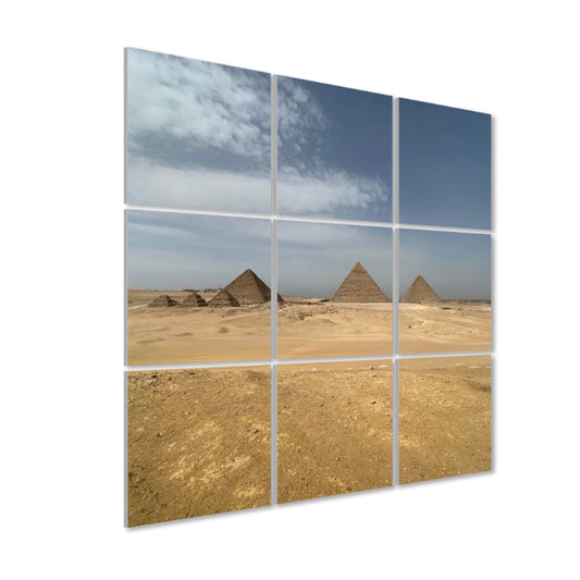 Left-angle view of Pyramids of Giza acoustic wall art showing panel depth and warm desert tones across the 9-panel grid.