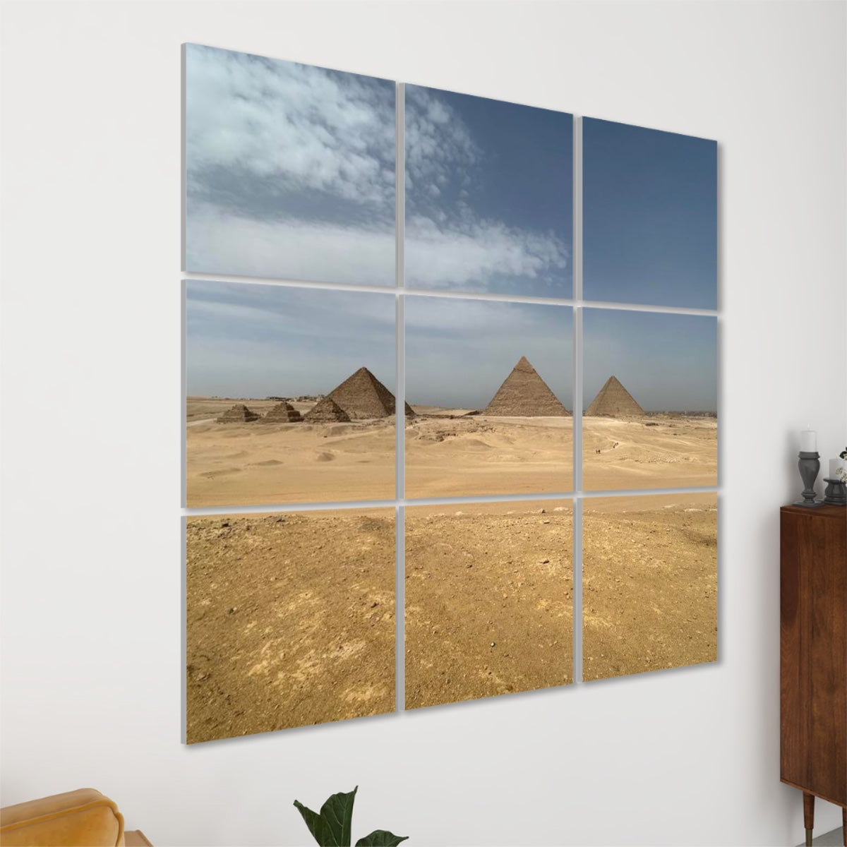 Left-angle view of Pyramids of Giza acoustic wall art showing panel depth and warm desert tones across the 9-panel grid.