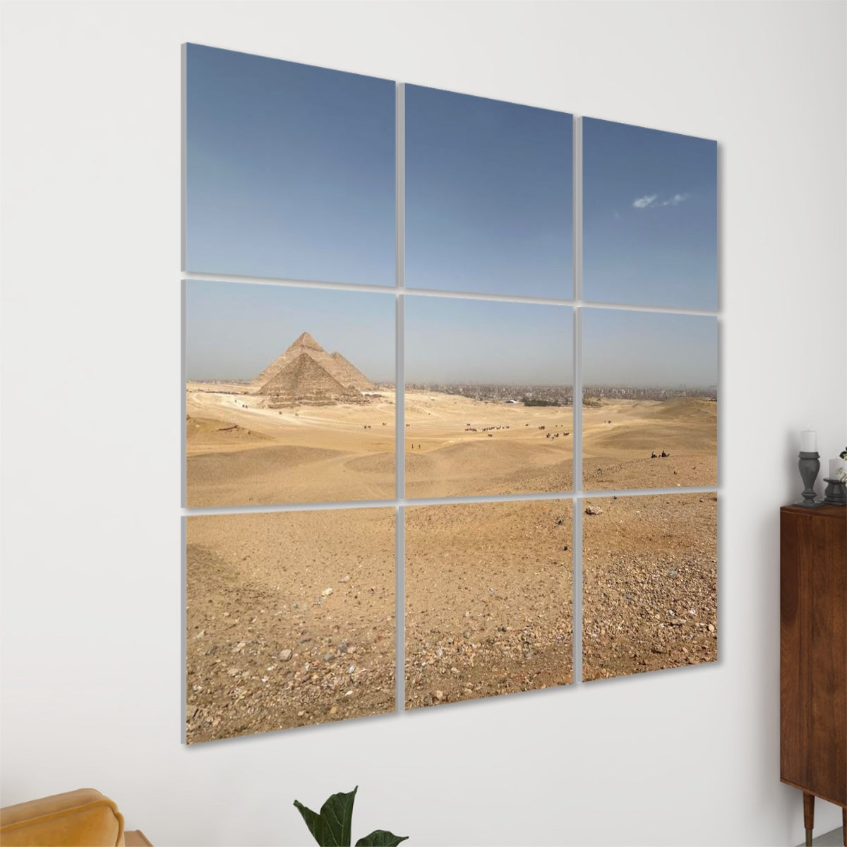 Left-angle view of Distant Horizon Pyramids wall panels, highlighting depth and texture of the sandy foreground and distant pyramid alignment.