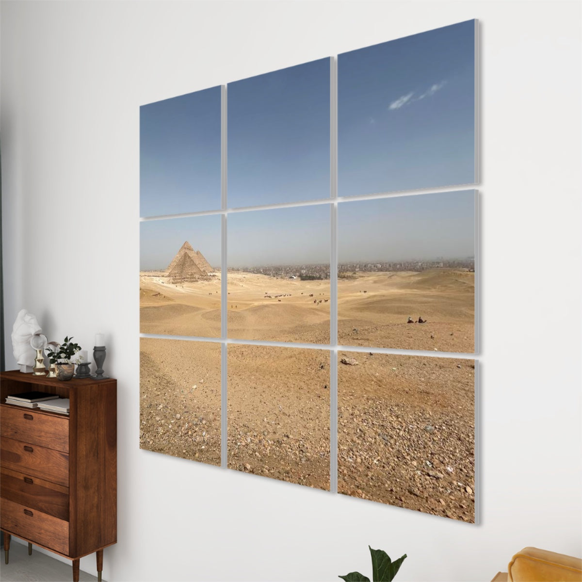 Right-angle view of the 9-panel acoustic wall art featuring distant pyramids, expansive desert, and subtle skyline on polyester panels.