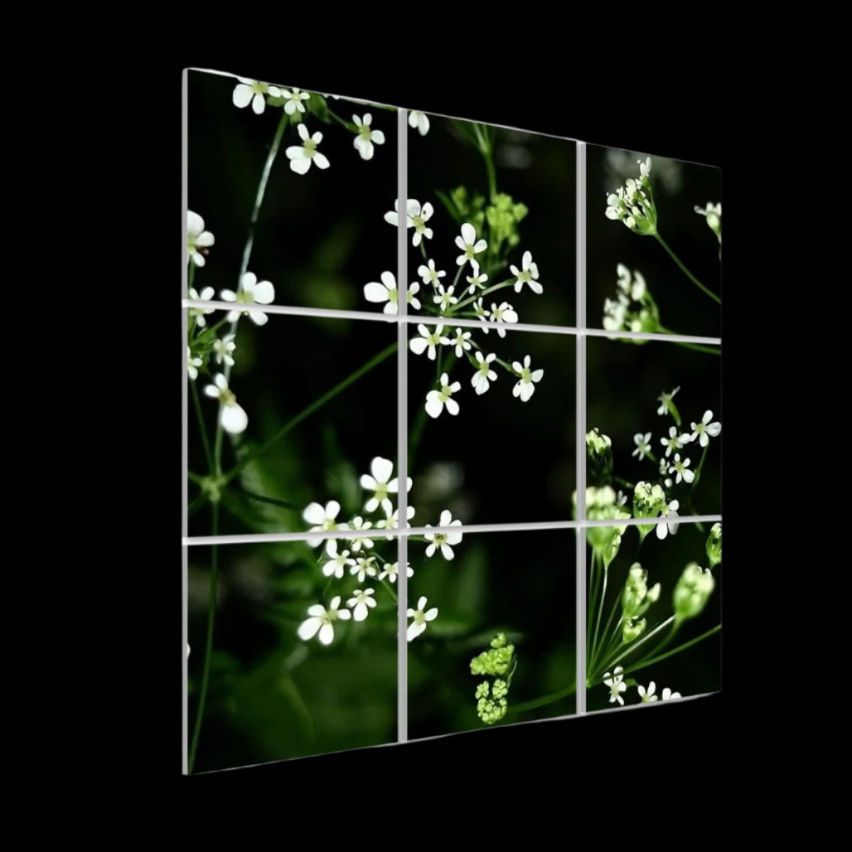 Left-side angled view of White Wildflowers acoustic wall art showing floral detail, panel depth, and soft contrast in the 9-panel grid.