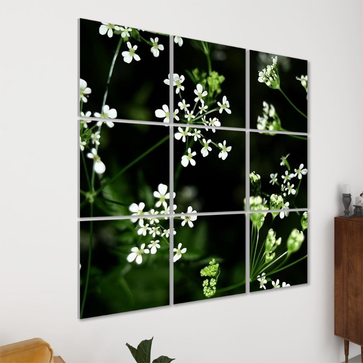 Left-side angled view of White Wildflowers acoustic wall art showing floral detail, panel depth, and soft contrast in the 9-panel grid.