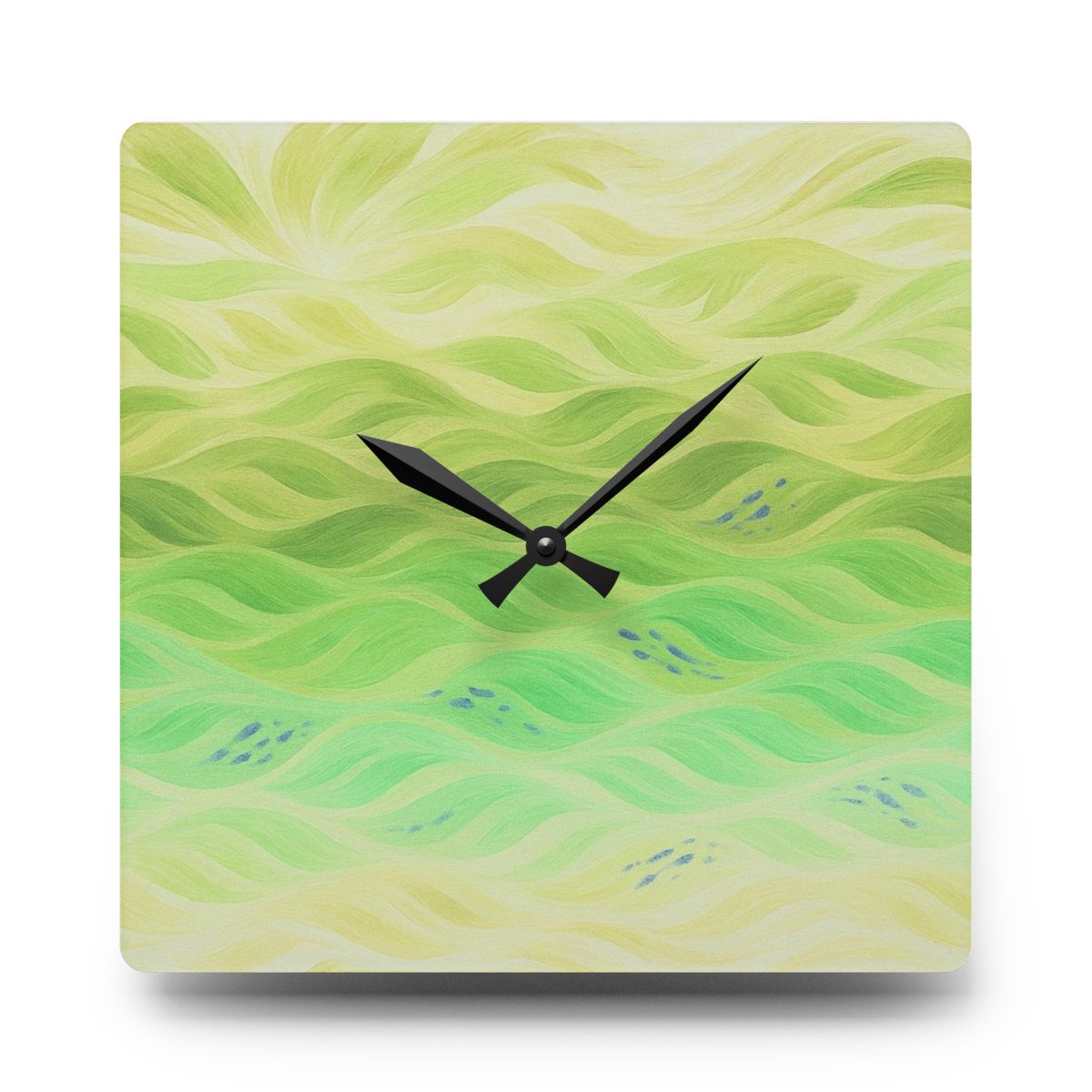 Square acrylic wall clock (10.75" × 10.75") in soft spring green, abstract flowing design with pale accents