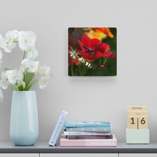 floral acrylic wall clock featuring close up of red flower